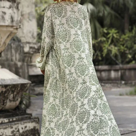 Green Boho Womens Allover Print Lantern Sleeve Shirt & Wide Leg Pants - Picture 3 of 5